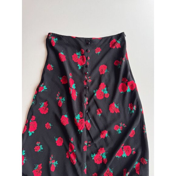 ZARA Black Rose Print Button Front A-Line Midi Slip Skirt, Size XS - Picture 8 of 13